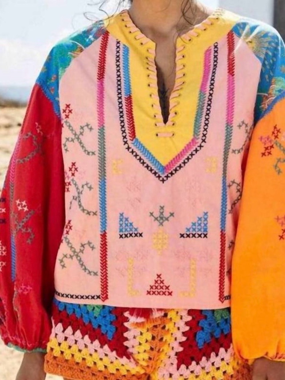 Farm Rio Embroidered Colorblock Blouse - Picture 6 of 6